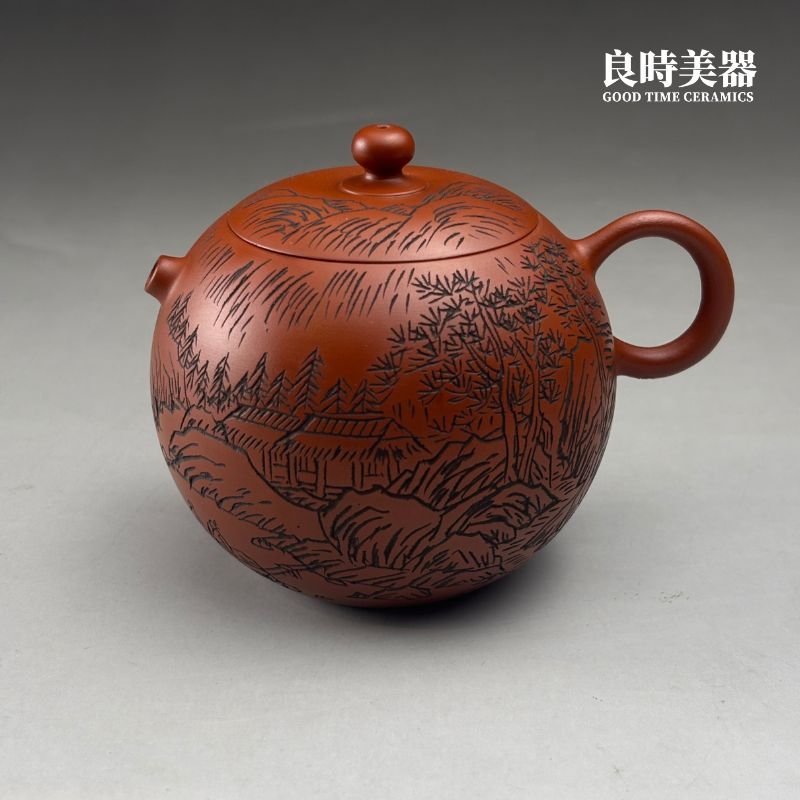 hgl-1-1 (1) 【黃冠霖】山水雕刻手拉坏朱泥壺 220ml