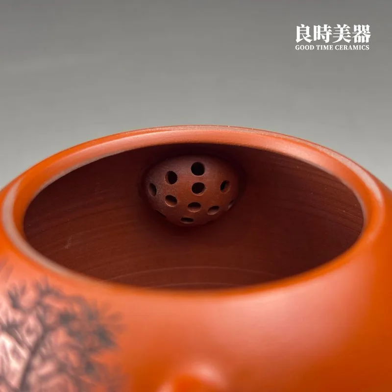 黃冠霖】山水雕刻手拉坏朱泥壺220ml - 良時美器GoodTimeCeramics