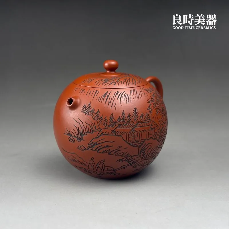 中国　朱泥　人物刻　陶版　壁飾　V　R6812 黃冠霖】山水雕刻手拉坏朱泥壺220ml - 良時美器GoodTimeCeramics