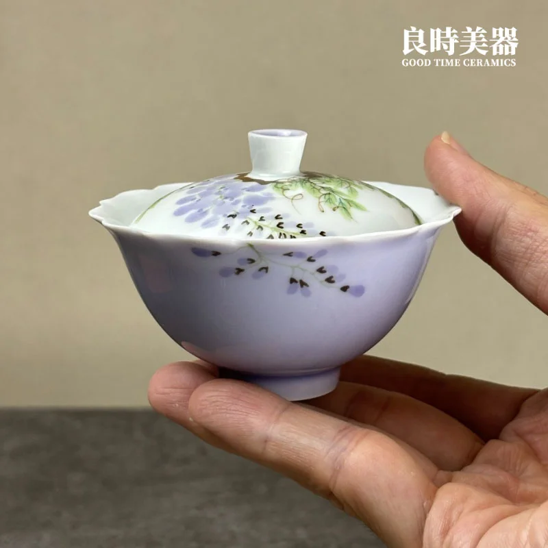 手繪紫花蓋碗 7