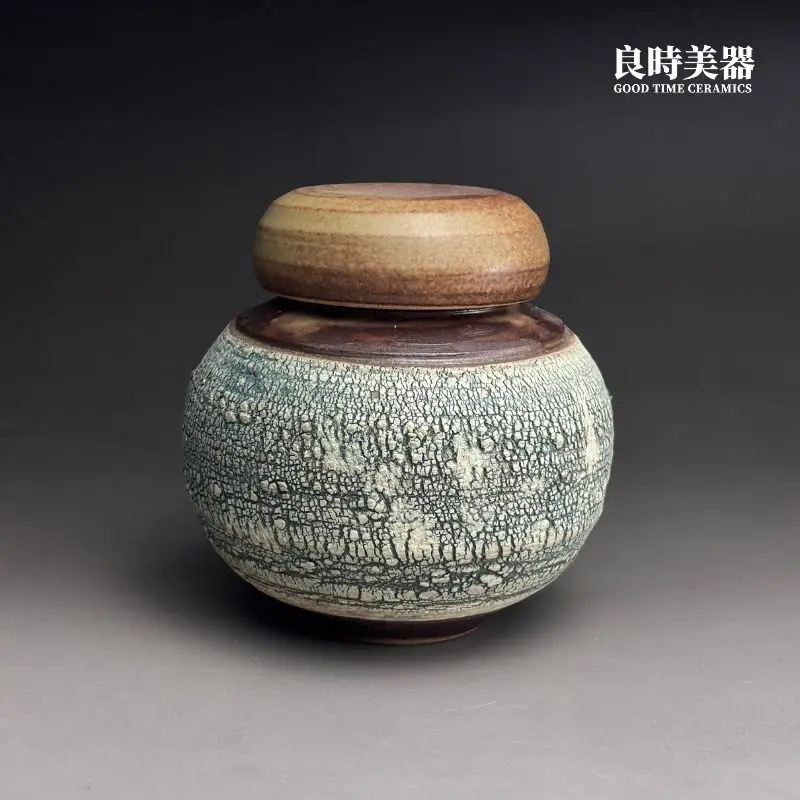 手作蒼翠爆裂紋茶葉罐-良時美器