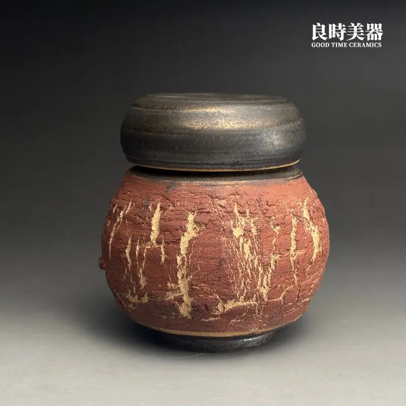 手作赤地爆裂茶葉罐-熔岩窯變質感-良時美器
