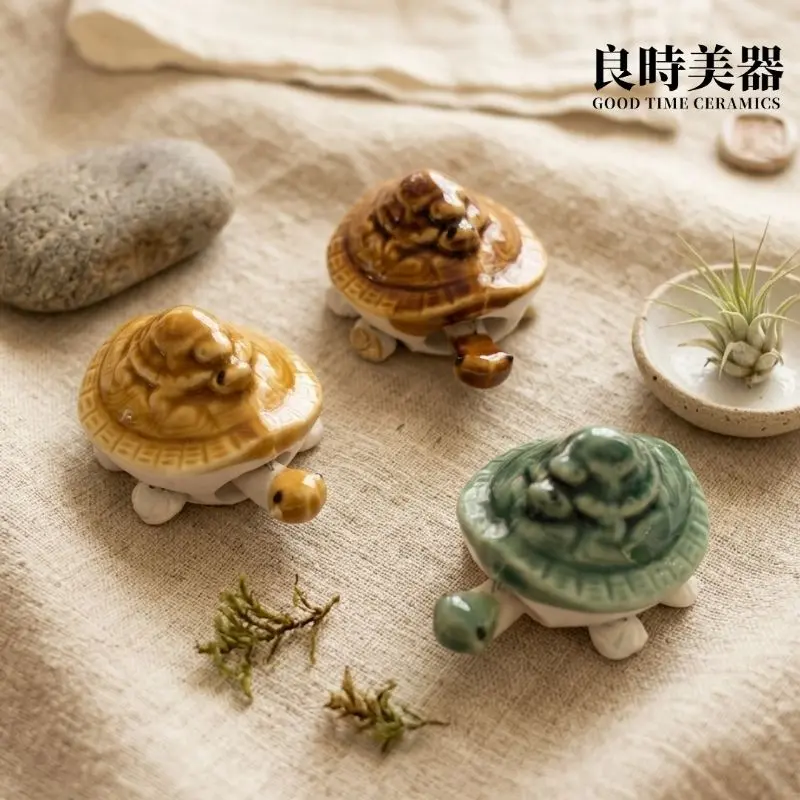台灣傳統交趾綠琥珀釉陶瓷烏龜-茶席古玩擺飾特寫-良時美器