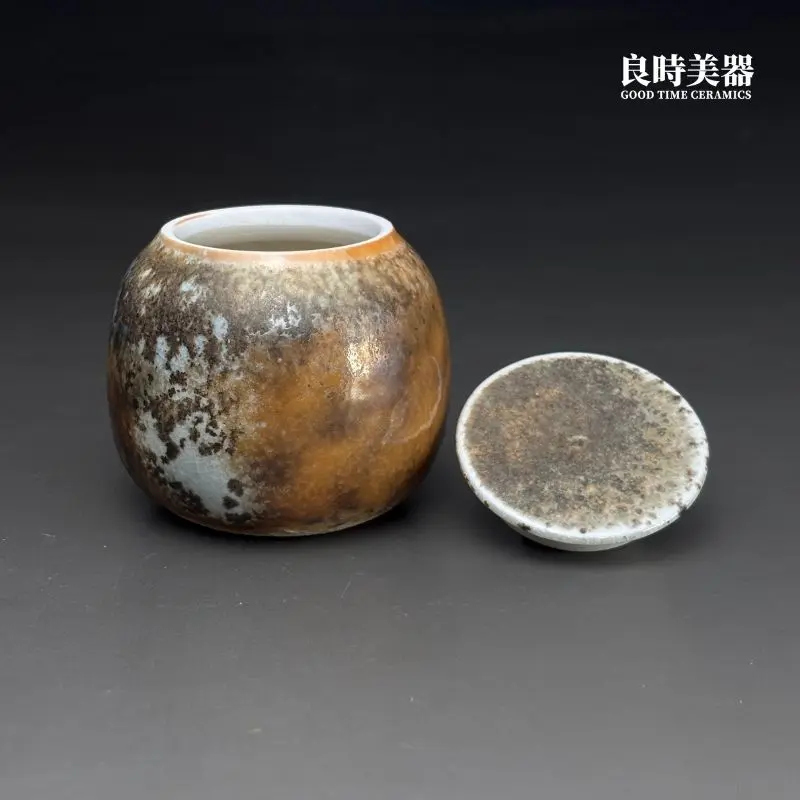 台灣陶瓷名家周聖鈞作品-精緻桌上型柴燒茶葉罐-6.5x5.8cm