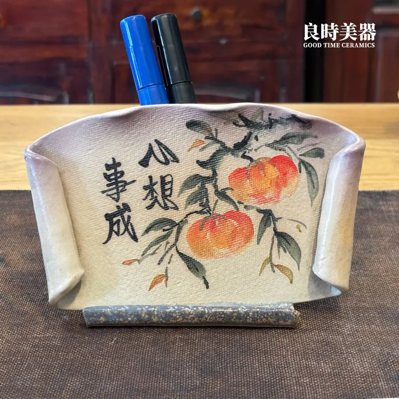 心想事成手繪字體-彩繪柿子圖樣細節-原創手工陶瓷工藝-商務送禮
