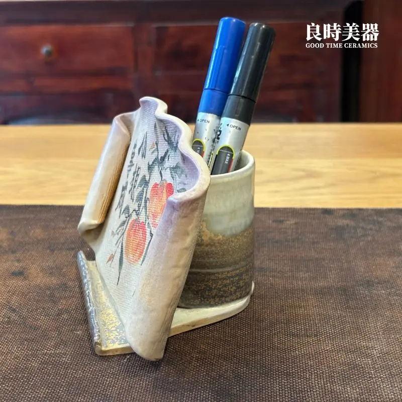 陶瓷筆筒收納深度-手工陶板側視角度-書桌文具收納名片架-良時美器