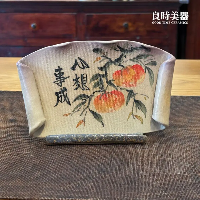 良時美器-手繪陶板名片架筆筒-中式陶瓷擺件-心想事成事事如意名片座