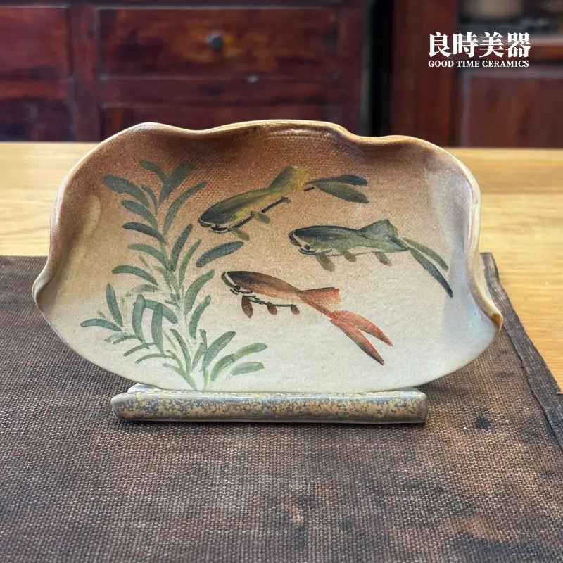 良時美器-手繪陶板名片架筆筒-中式陶瓷擺件-富貴有餘金魚名片座