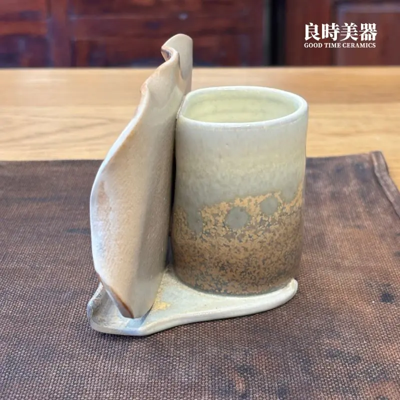 陶瓷筆筒收納深度-手工陶板側視角度-書桌文具收納名片架-良時美器