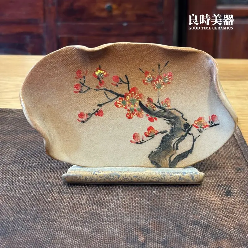 良時美器-手繪陶板名片架筆筒-中式陶瓷擺件-喜上眉梢紅梅名片座