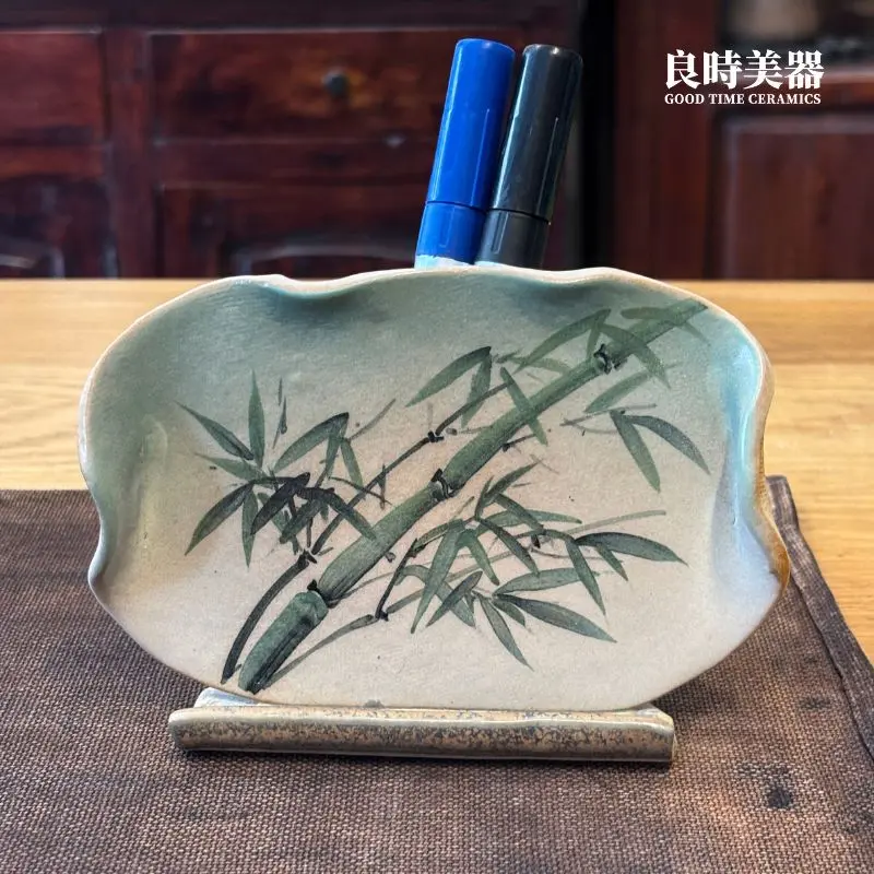 陶瓷筆筒收納深度-手工陶板側視角度-書桌文具收納名片架-良時美器
