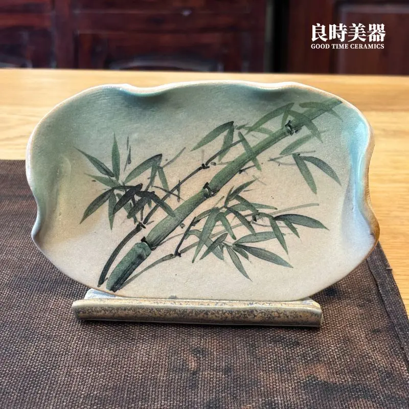良時美器-手繪陶板名片架筆筒-中式陶瓷擺件-竹報平安墨竹名片座