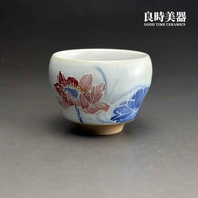良時美器-許旭倫手繪汝窯蓮花茶杯-映日紅蓮-hsu-1-35-台灣茶器推薦-手工主人杯