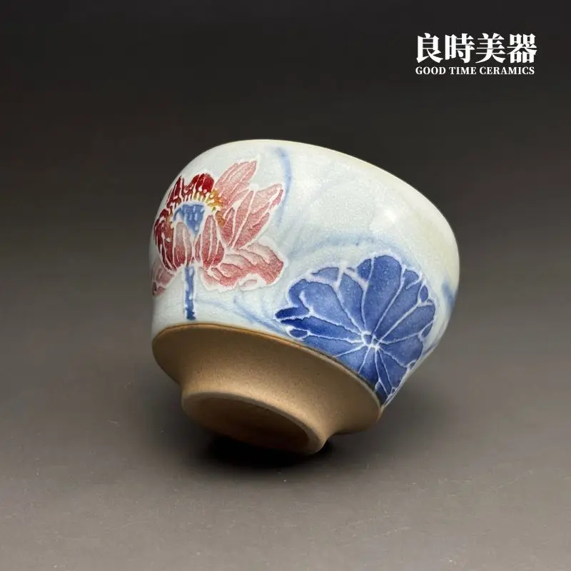 開片汝窯冰裂紋理近拍-許旭倫大師親筆彩繪蓮花線條-hsu-1-35手作孤品