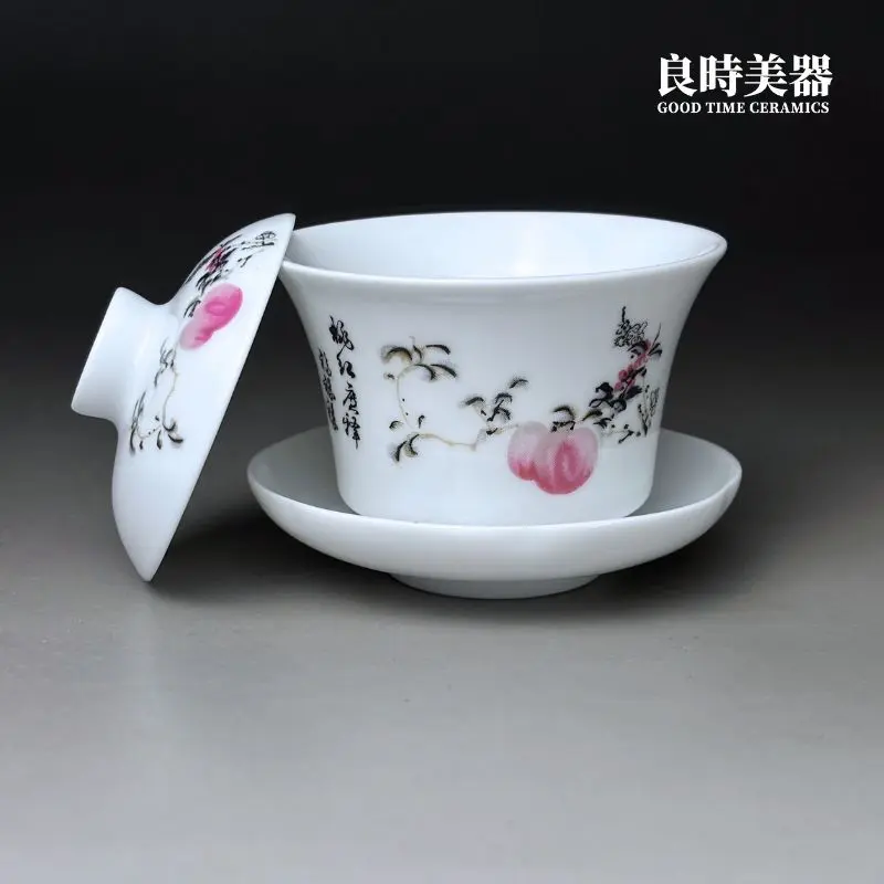 台灣製造傳統仙桃花瓷蓋碗細節-90ml長青款老茶具功夫茶具特寫