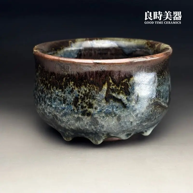 許旭倫天目志野茶碗-觀茶內壁金屬曜變光澤與流釉垂滴