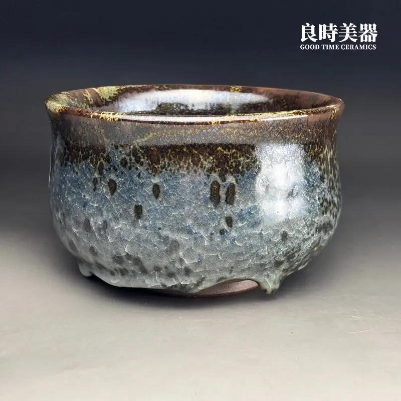 許旭倫天目志野茶碗-觀茶內壁金屬曜變光澤與流釉垂滴側面