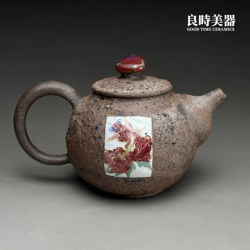 hsu-2-39 (2) 台灣茶具-許旭倫手繪浮雕岩礦壺-鴻運錦鯉200ml國家工藝師真跡正面外觀