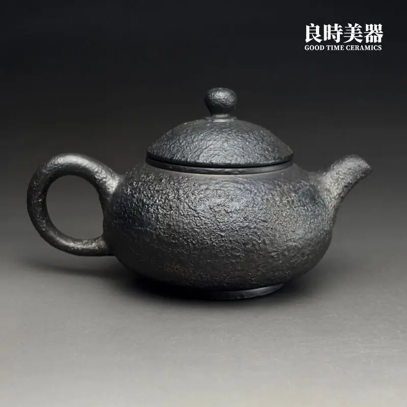 台灣茶具-林永裕手作煙燻黑金岩肌仿鼓壺