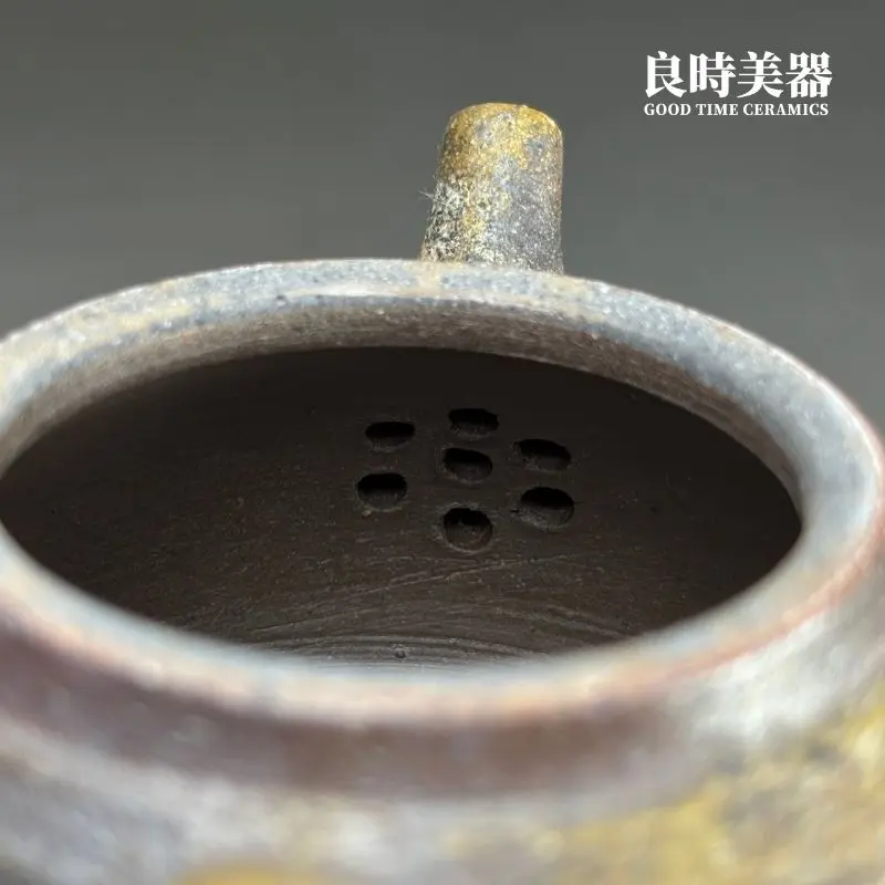 高端台灣茶器-張家誌手作柴燒窯變弦紋仿鼓壺內壁七孔直排濾網細節