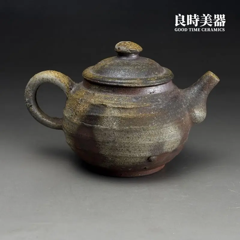 良時美器台灣茶器推薦-張家誌手作柴燒窯變弦紋仿鼓壺279g圓腹幾何整體造型