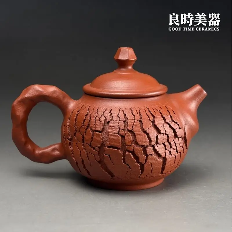 良時美器台灣茶器推薦-陳政嵐手作爆裂朱泥壺140ml龍蛋幾何整體造型