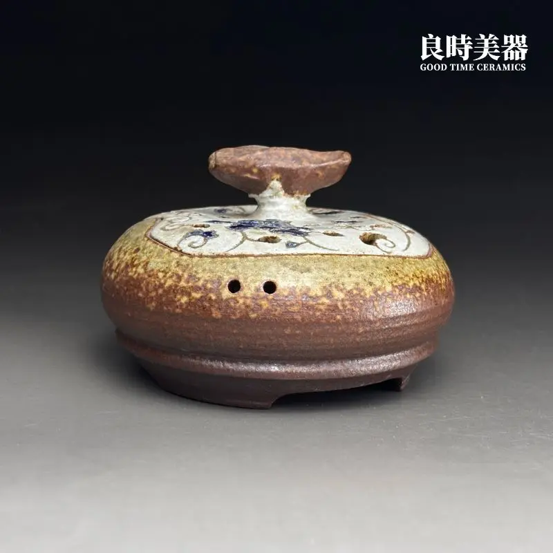 台灣茶具-陳明謙手作藍彩花卉薰香爐粗獷原石狀蓋鈕與蓋面微細肌理